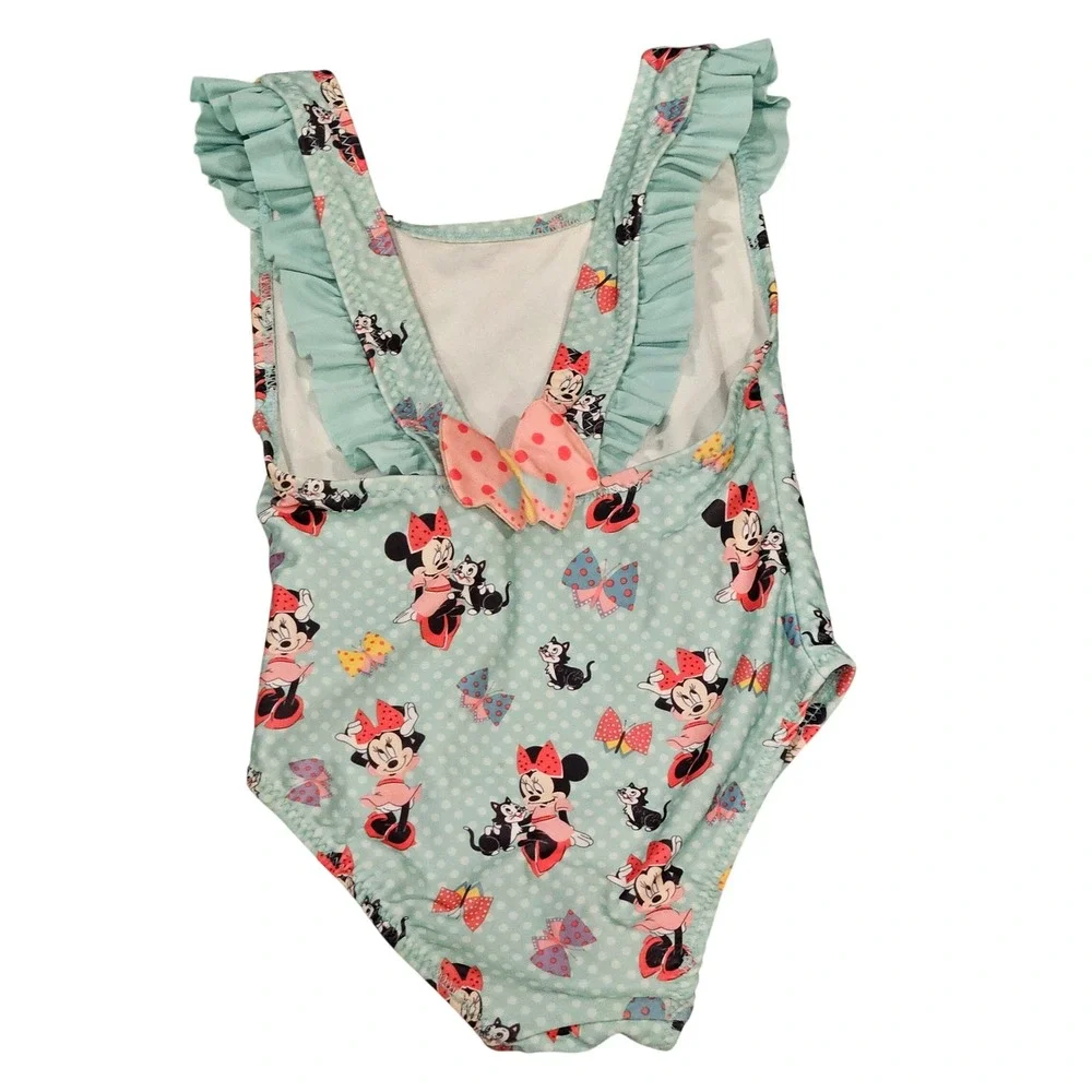 Disney Minnie Mouse & Figaro Girls Swimsuit‎ One Piece Ruffles Light Teal Size 4